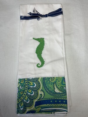 RIGHTSIDE DESIGN SET OF 4 NAPKINS WHITE SEAHORSE BLUE GREEN 100% COTTON NIP
