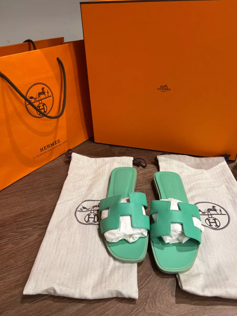 HERMES H ORAN VERT POMME EPSOM LEATHER GREEN SANDALS MULE SHOES SLIDES 37