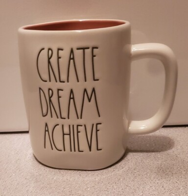 RAE DUNN CREATE DREAM ACHIEVE Inspirational Mug Coffee Tea Pink Inside NEW