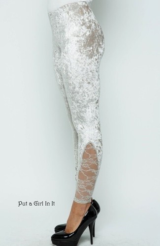 USA New VOCAL APPAREL Womens TAUPE CRUSHED VELVET LACE SOFT LEGGINGS S M L XL - Picture 3 of 9