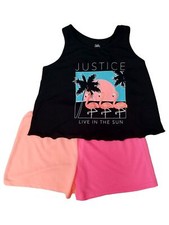 Justice Girls Black  Pink Flamingo Pajamas Shorts Tank Top Sleep Set
