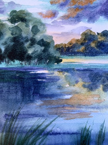 Watercolor Painting Cool Evening By The River S. Gramm Original Art nAAA3355 - Picture 4 of 14