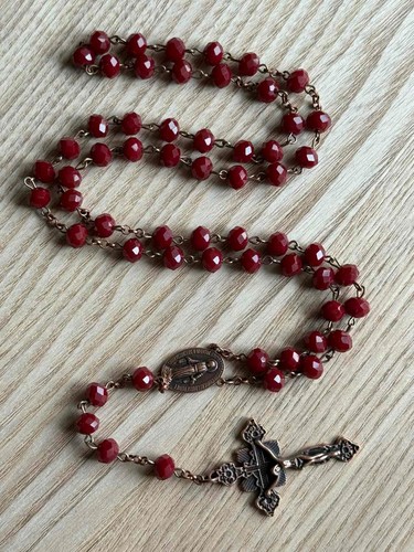 Vintage Red Bronze Crystal Glass Bead Holy Rosary for Catholic Church Pray Gift - Picture 4 of 5