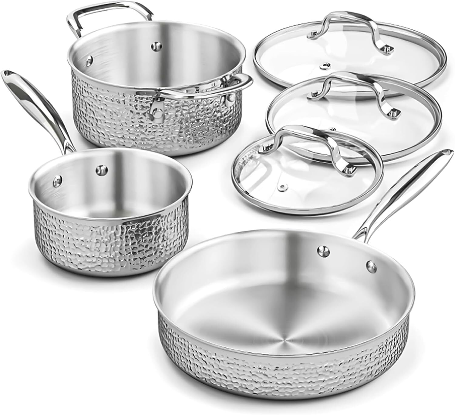 6-Piece Stainless Steel Hammered Cookware Set with Glass Lid, Pots & Pans