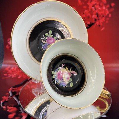 Stanley Green Black Floral Bone China Teacup Saucer England