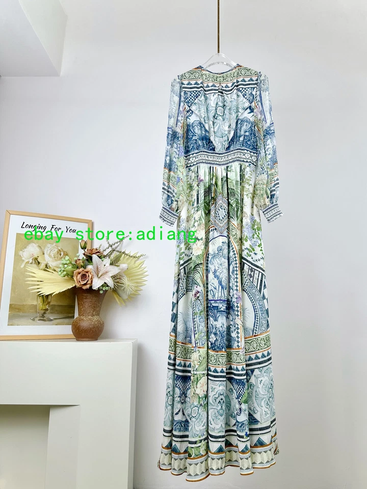 CAMILLA 100% Seda Retro Estampado Manga Larga Cuello en V Maxi Vestido Mujer Vacaciones XSSM Foto 2 de 4