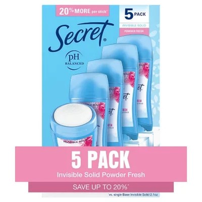 Secret Invisible Solid Antiperspirant & Deodorant - Powder Fresh, 2.6 oz, 5 Pack