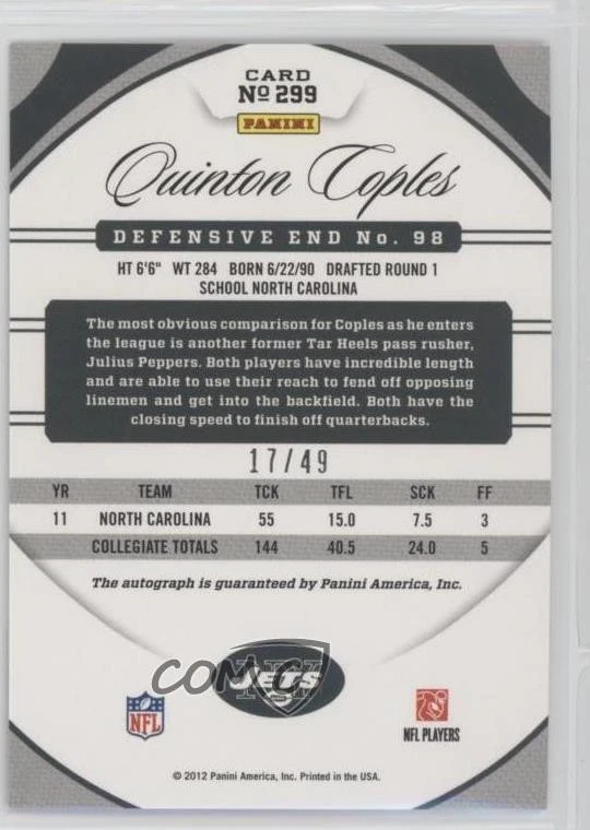 2012 Certified Mirror Blue Signatures /49 Quinton Coples #299 Rookie Auto RC - Image 2 of 2