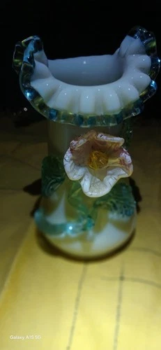 Vintage Ruffle Edge Blue Interior Scalloped Edge Hand Blown Cased Vase