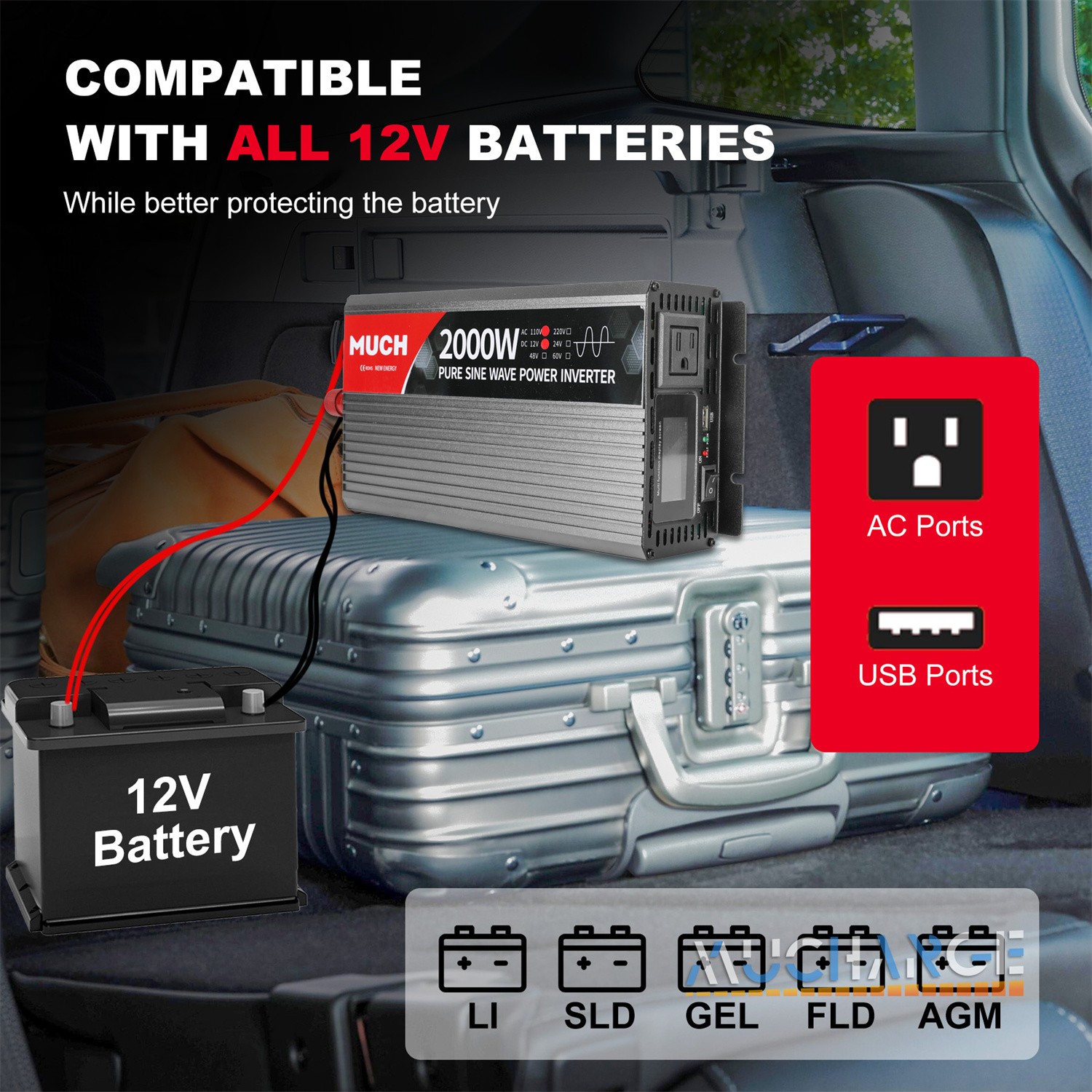 2000W Power Car Inverters DC 12V to AC 110V Pure Sine Wave LCD for Outdoor Camp