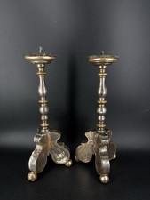 1 Paar Altarleuchter Barock Stil Holz Silber 18./19. Jh. Antik Kirchenleuchter