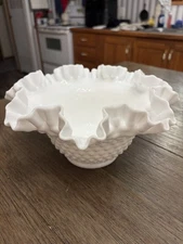 Vintage Fenton Hobnail White Milk Glass 9” Bowl Ruffled Edge