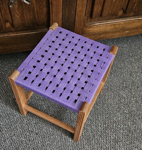 Vintage Mid Century Handmade Rustic Woven Rope And Wood Stool in Royal Purple