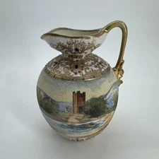 Early Noritake Nippon Tapestry Porcelain Ewer Guilded Jeweled Hand Painted
