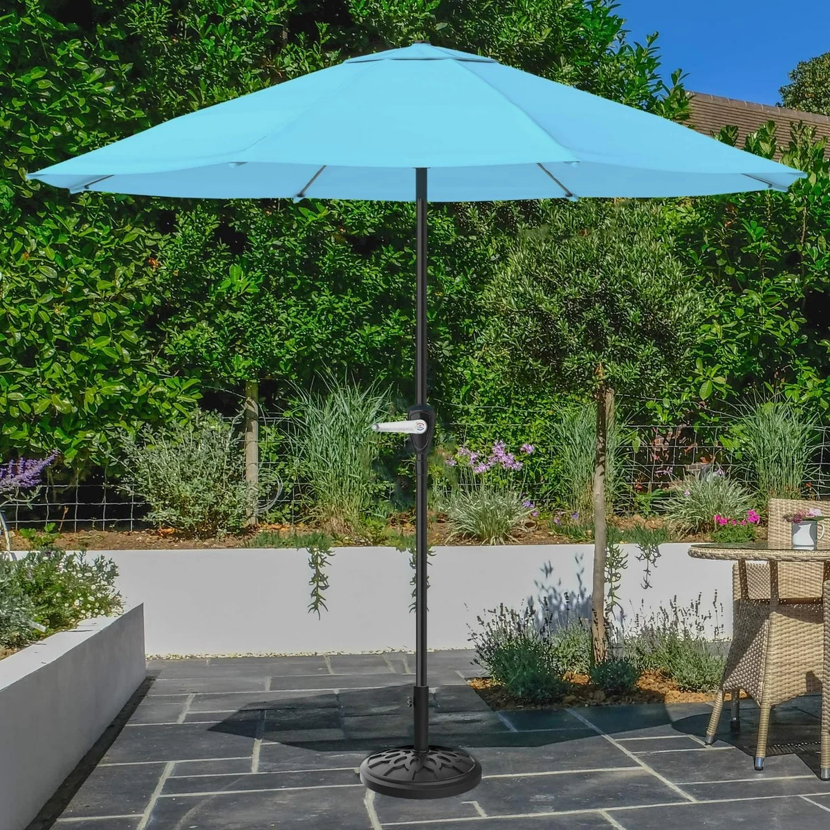 blue sunbrella umbrella for patio by garden oasis Tilt | Auto-Tilt, LED Lighting, Wind Resistant | Commercial Grade | Dark With a design inspired by vintage cafe awnings PURPLE LEAF Sunbrella Patio Umbrellas