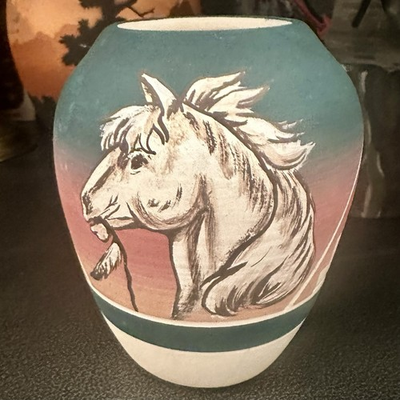 #ad Signed Little Thunder Sioux PotteryVase Hand Painted Etched Native American $10.95