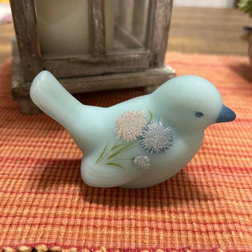 Fenton Blue Satin Custard Glass Bird Figurine Hand Painted Signed
