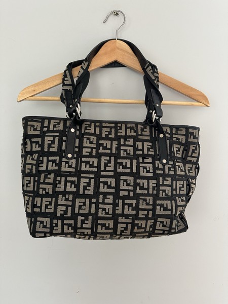 Fendi Zucca Canvas Tote Bag Black Grey Leather Trim Zip Top Silver Hardware
