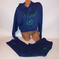 Victoria Secret PINK Sweats Crop Hoodie Pants Large Navy Blue Green Logo Ivy