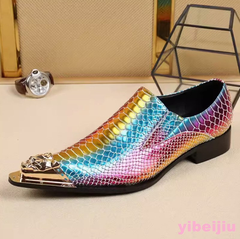 Men Rainbow Metal Pointed Toe Dress Shoes Clubwear Snakeskin