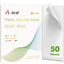 50 PK A-SUB Printable Vinyl Sticker Paper Glossy White Waterproof Sticker Sheets