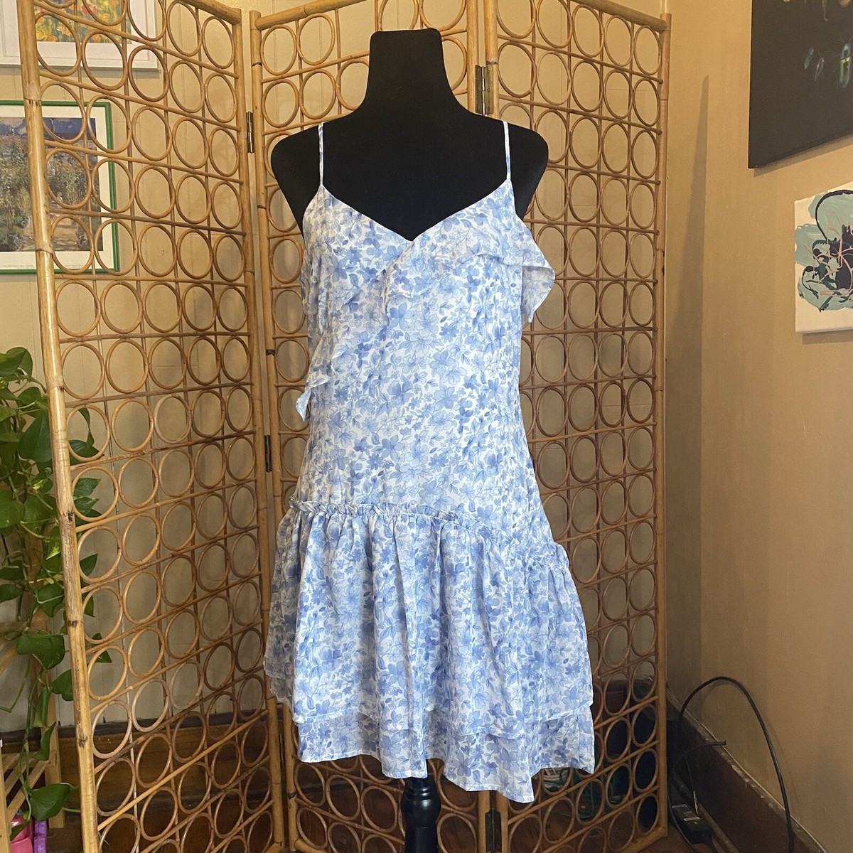 STORIA Blue Floral Midi Dress Ditsy Chiffon Drop Waist Sz Large NWT
