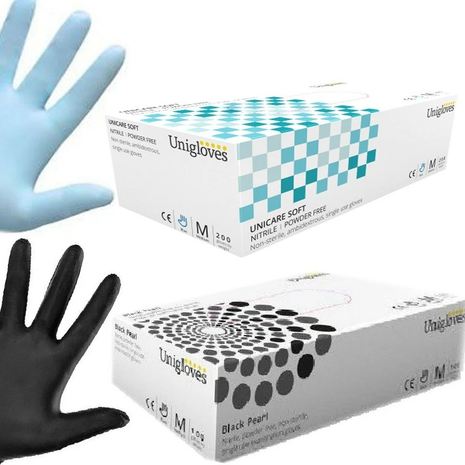 UNIGLOVES DISPOSABLE NITRILE GLOVES 100% POWDER FREE LATEX FREE BLACK AND BLUE XS S M L XL