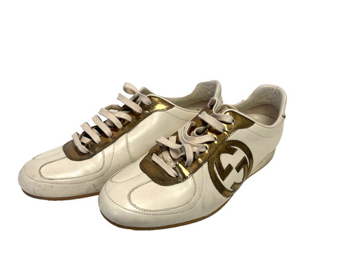 GUCCI  GG Leather White Gold SneakersGG 182297 SZ 38
