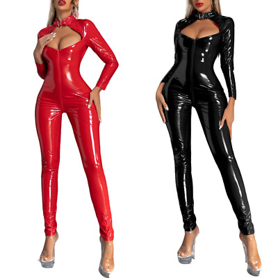 Woman Wet Look Patent Leather Latex Long Sleeve Zipper Catsuit Bodysuit Jumpsuit