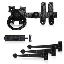 XFORT Black Antique Ring Gate Latch Pack With Hinges And Straight Bolt For Lock.