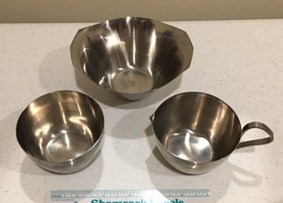 3 Stainless Steel Bowls Mint Cream and Sugar Party Set Metal