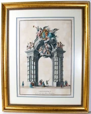 ANTIQUE COLORED ENGRAVING ETCHING Frontispice de la salle de la place Dauphine