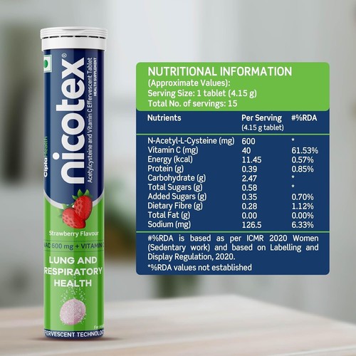 Cipla Nicotex Lung Health Vitamin C Effervescent Tablets Strawberry Flavoured-15 - Picture 3 of 5