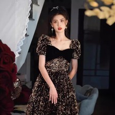 Womens Banquet Evening Dress French Black Long Dress Bride Wedding Shiny A-line