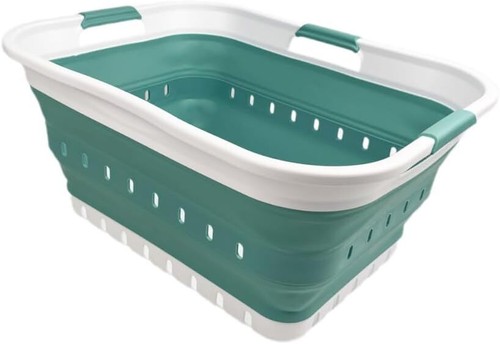 SAMMART 42L (11 gallon) Collapsible Plastic Laundry Basket - White/Celadon Green