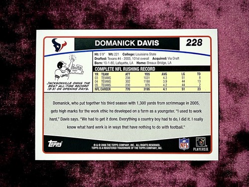 Domanick Davis 2006 Topps #228 MINT Texans Legends Jersey Geaux LSU Stroud Diggs - Picture 2 of 2