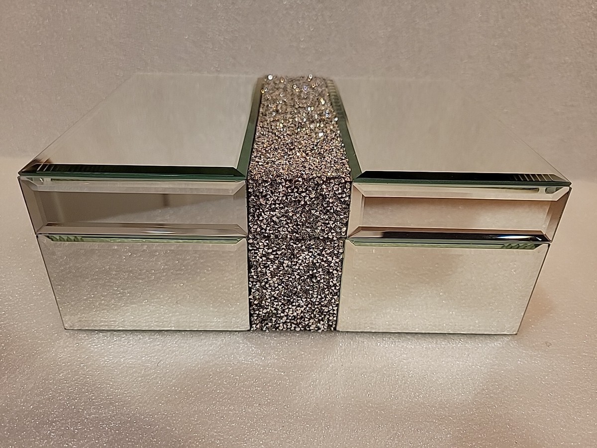 Tahari Home Mirrored Jewelry Box With Rhinestone Beveled Mirror