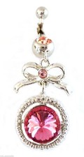 Belly Ring Bow w/Large Pink Gem Dangle Naval Steel