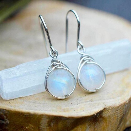 Moda 925 Pendientes de gota chapados en plata Joyería de mujer Granate de piedra lunar simulado - Imagen 3 de 3