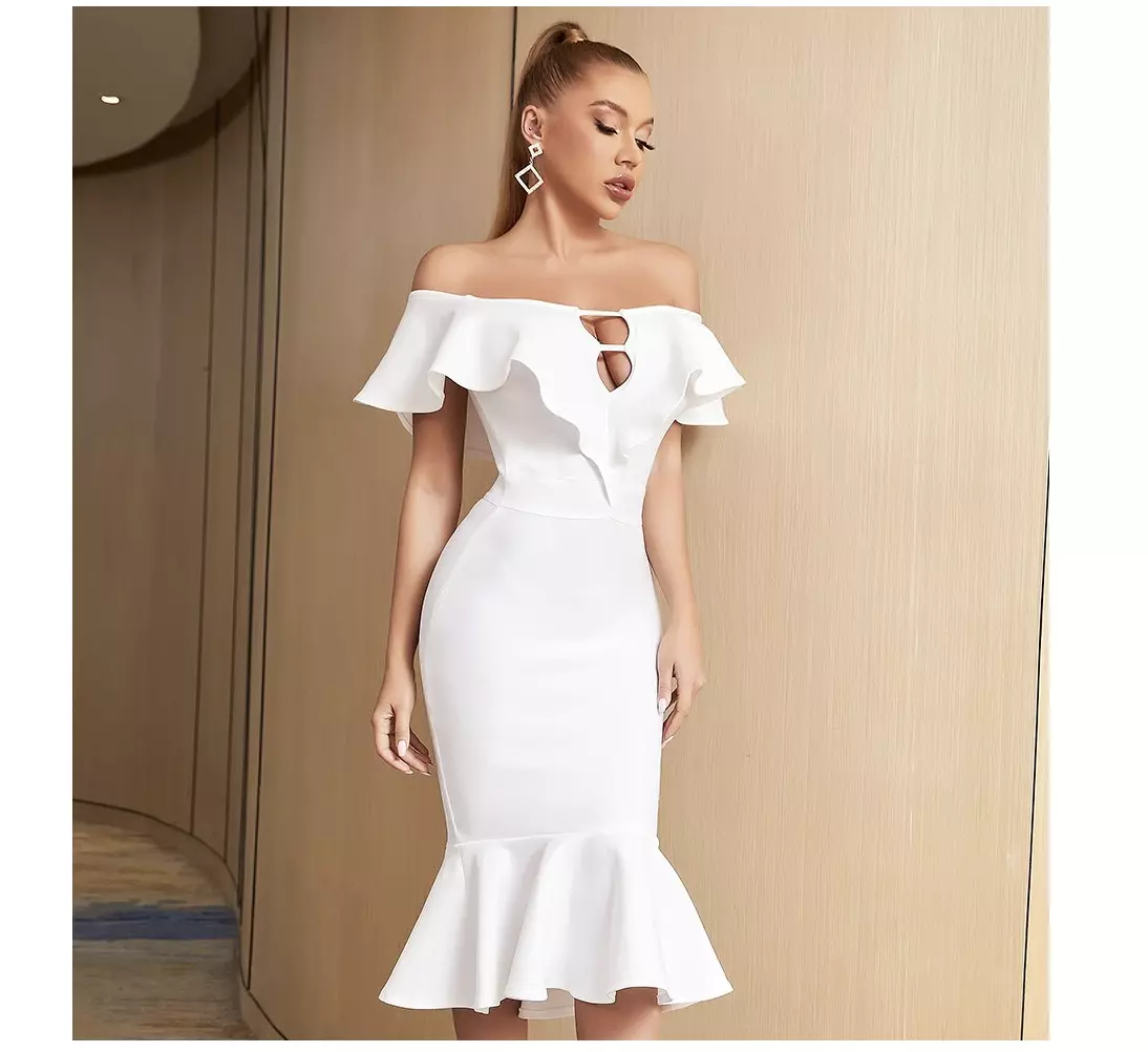 White bardot ruffle hot sale dress
