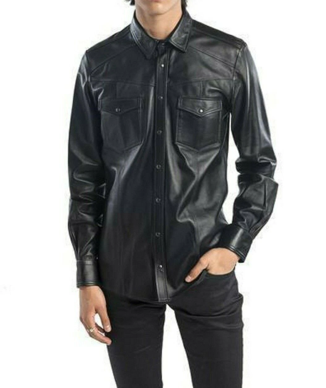 Men’s BLACK Sheep skin Leather Shirt Fashion Biker Full Sleeve Casual Shirt