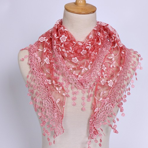 Yellow Lace Tassel Sheer Metallic Burnt-out Floral Print Triangle Scarf Shawl - Picture 35 of 37