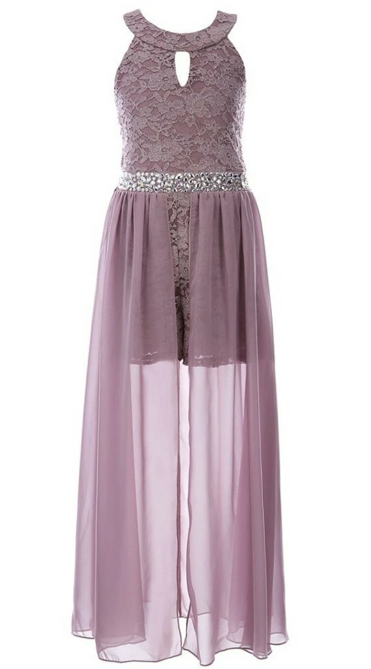 Xtraordinary Big Girls Keyhole Glitter Lace Rhinestone Fanciful Maxi Dress-14 16
