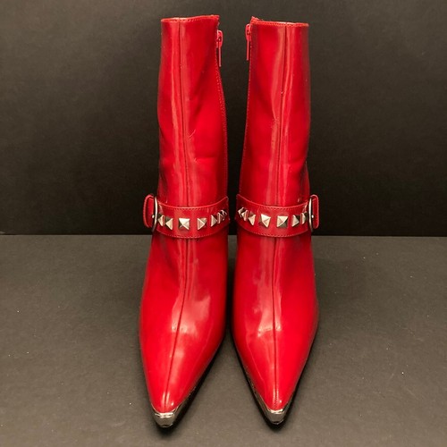 NIB Pleaser Heat Booties Stiletto Heel Lace Up Red Faux Patent Womens 7 Side Zip - Picture 5 of 11