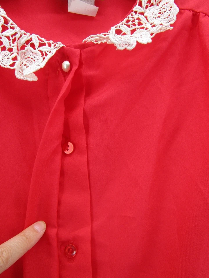 ВИНТАЖНЫЙ Joanna Топ женщин 10 красный пуговицах блузка кружевной воротник цветной США 90-х - Изображение 4 из 4
