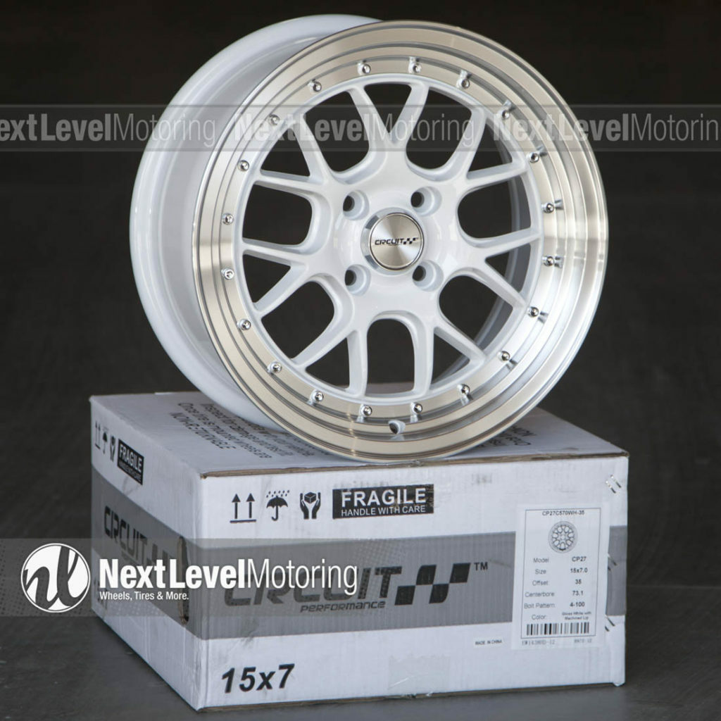 Circuit CP27 15x7 4x100 +35 White Wheels Rims Fits Mazda Miata MX