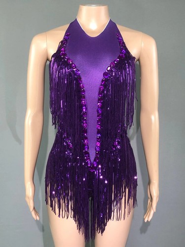 Sparkly Rhinestones Sequins Fringes Leotard Sexy Tassel Bodysuit One-piece - Picture 14 of 29