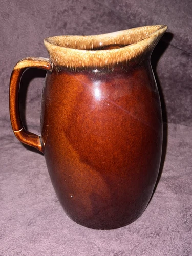 Vintage HULL Pottery Milk Jug Farm Pitcher Oven Proof Stoneware Brown Handle USA