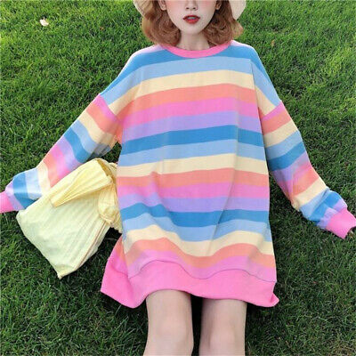 Rainbow T Shirt Women Striped Kawaii Clothes Harajuku Korean Style  Streetwear Aesthetic Long Sleeve Fall Roupas Feminina O Neck