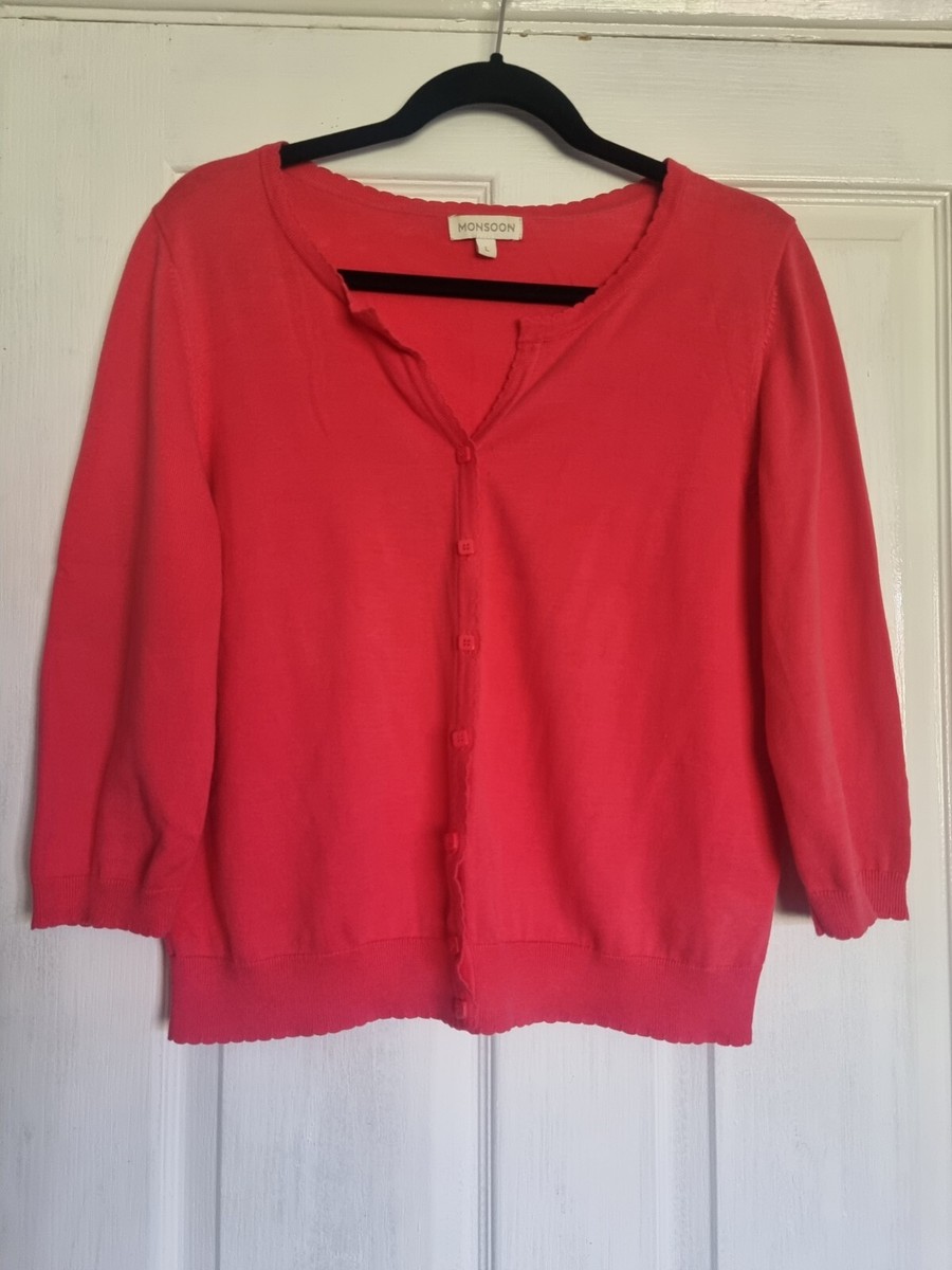 Monsoon Cardigan Large Pink V-Neck Cotton, Scalloped edge